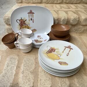 Texas Ware 34 piece set midcentury vintage brown and orange melamine